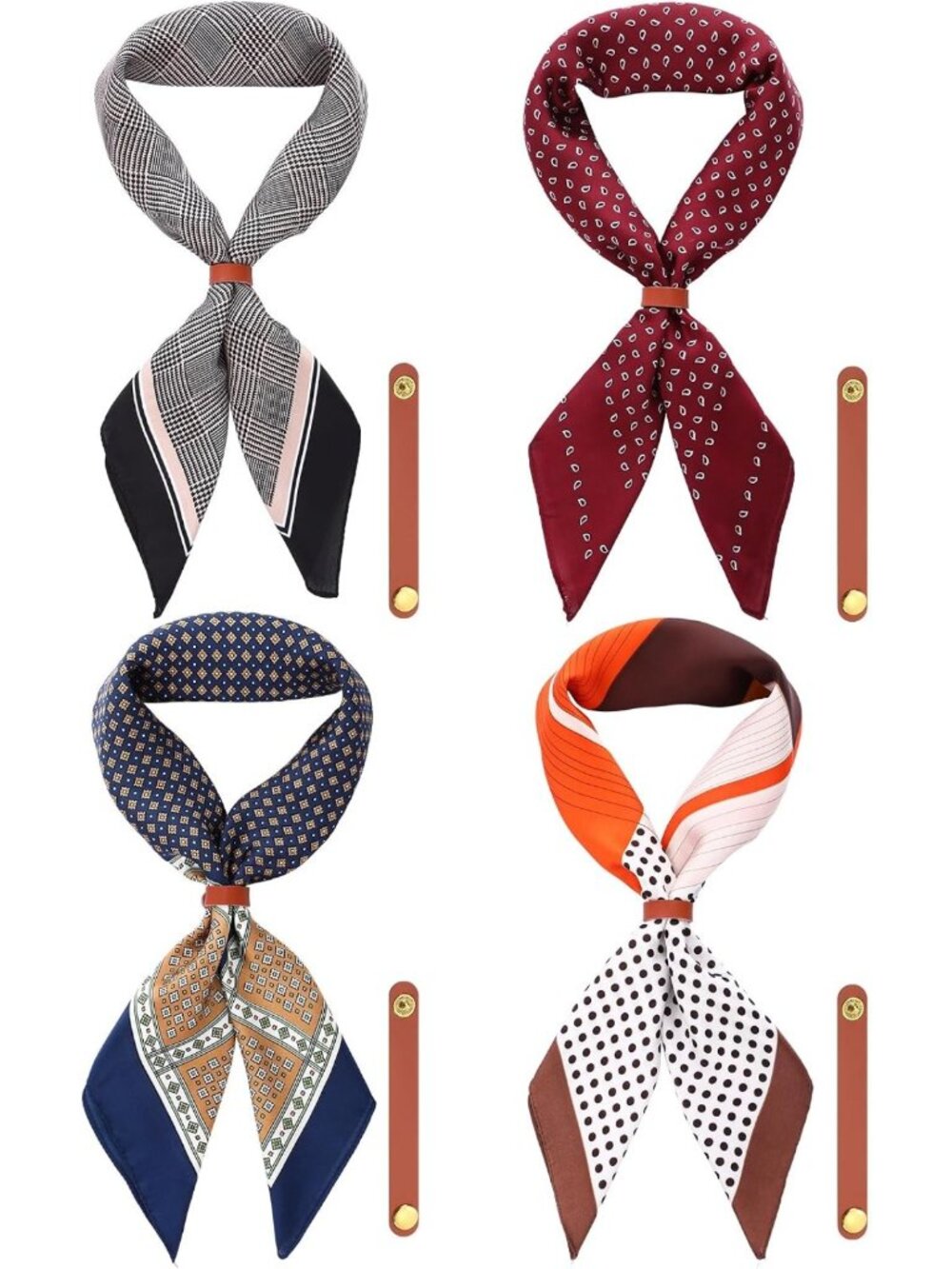 Set of 4 Luxurious Silk Feel Scarves for Men with Stylish Leather Ring